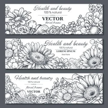 Set of three horizontal banners with beautiful flowers and plants Stock Illustration