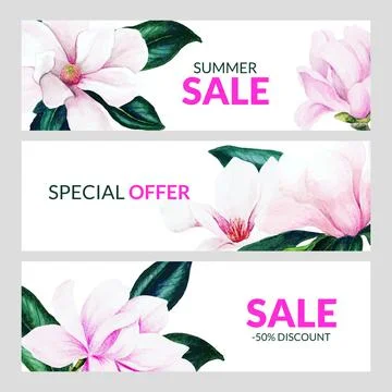 Set of three horizontal banners with pink magnolia flowers Stock Illustration