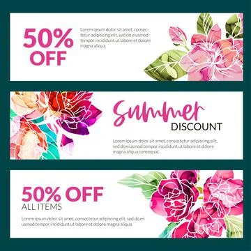 Set of three horizontal banners with purple alcohol ink textured flowers Stock Illustration