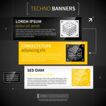 Set of three horizontal banners in techno style. Stock Illustration
