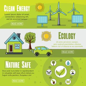 Set of three horizontal ecology banners with colorful images Stock Illustration