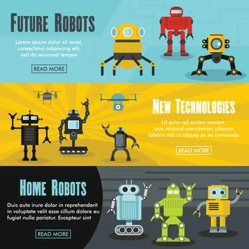Set of three horizontal future robot banners with colorful images Stock Illustration