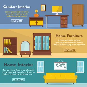 Set of three horizontal home interior banners with colorful images Stock Illustration