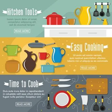 Set of three horizontal kitchen banners with colorful images Stock Illustration