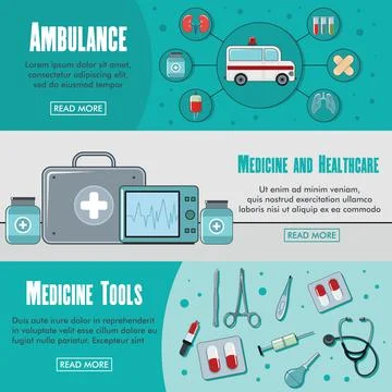 Set of three horizontal medicine banners with colorful images Stock Illustration