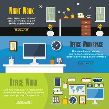 Set of three horizontal office workspace banners with colorful images Stock Illustration