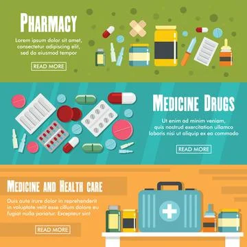 Set of three horizontal pharmacy banners with colorful images Stock Illustration