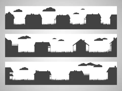Set of three horizontal seamless illustration with country cottages. Stock Illustration