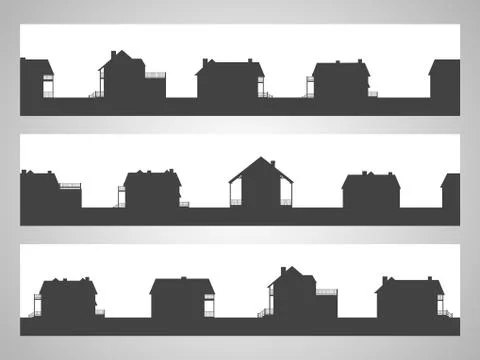 Set of three horizontal seamless illustration with country cottages. Stock Illustration