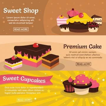 Set of three horizontal sweet cake banners with colorful images Stock Illustration