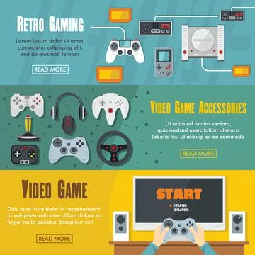 Set of three horizontal video game banners with colorful images Illustrazione stock