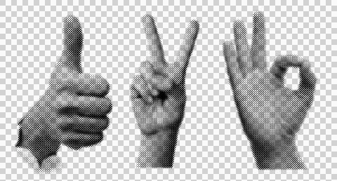 Set of three human hand gestures with halftone dot pattern effect isolated .. Stock Illustration
