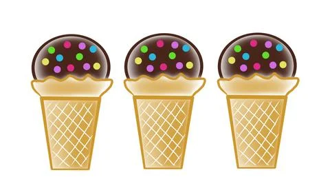 Set of Three Ice Cream Cone Illustrations with Chocolate Scoops Ilustração Stock