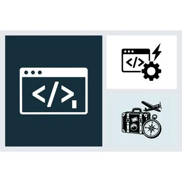 Set of three icons featuring coding and travel themes Stock Illustration