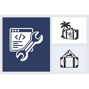 Set of three icons featuring coding and travel luggage Stock Illustration