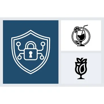 Set of three icons featuring a shield and cocktails Stock Illustration