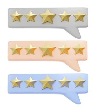 Set of three icons with five gold rating stars. 3d render Illustrazione stock