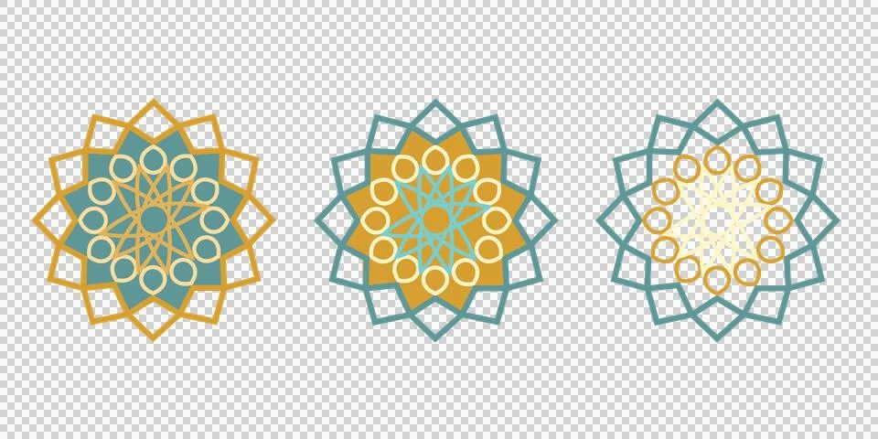 Set of Three Islamic Geometric Mandala Patterns in Teal and Gold Stock Illustration