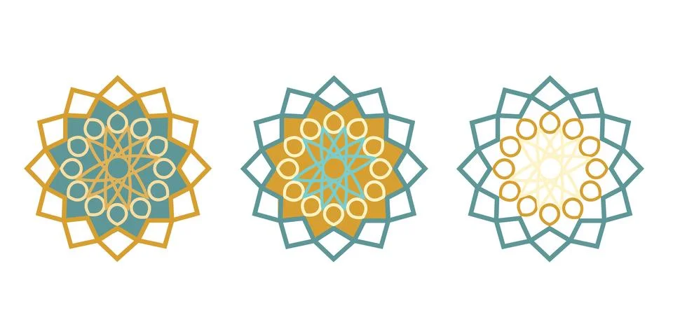 Set of Three Islamic Geometric Mandala Patterns in Teal and Gold. Stock Illustration