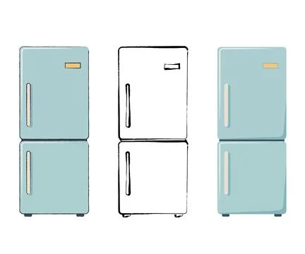 Set of three kitchen refrigerators in different styles: hand-drawn flat col.. Stock Illustration