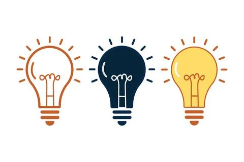 Set of Three Light Bulb Illustrations in Multiple Colors with Flat and Outline Stock Illustration