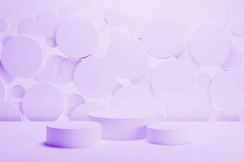 Set of three light purple round podiums on abstract stage, mockup. Flying cir Stock Illustration