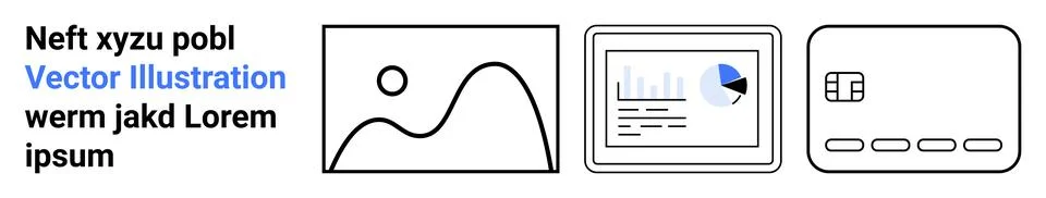 Set of Three Linear Icons Depicting Gallery Image, Data Analytics, and Cred.. Illustrazione stock