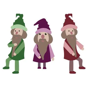 Set of three little men. Dwarf character. Cute, funny gnome with a beard. Illustrazione stock