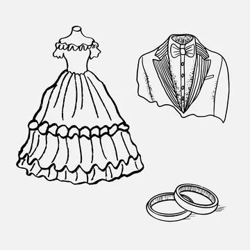 A set of three main wedding attributes. Wedding dress, tailcoat and a pair .. Stock-Illustration
