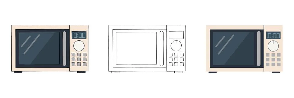 Set of three microwave ovens in different styles: hand-drawn flat color, bl.. Stock Illustration