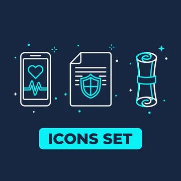 Set of three modern flat icons representing health, security, and legal doc.. Stock Illustration