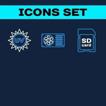 Set of three modern flat line icons: UV sun symbol, computer graphics card .. Stock Illustration