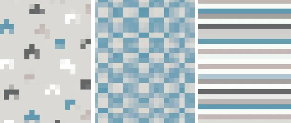 Set of three modern geometric patterns featuring pixelated shapes and striped te 스톡 일러스트