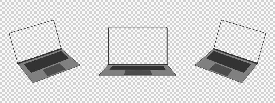 Set of three modern laptop computers with blank white screens . Illustrazione stock