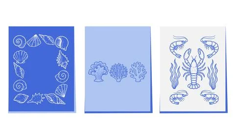 Set of three nautical illustrations with seashell frames, coral silhouettes, and Stock Illustration