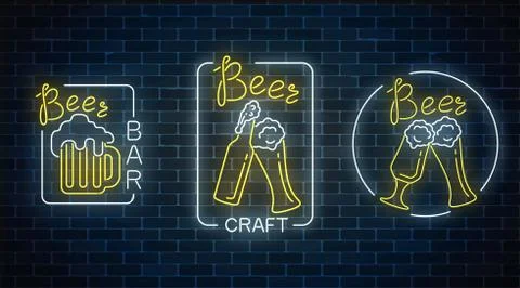 Set of three neon beer pub signs in geometrical frames. Luminous advertising  Stock Illustration