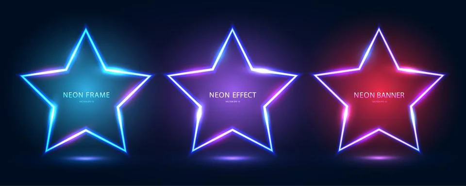 A set of three neon frames in the shape of a star with shining effects and Stock Illustration