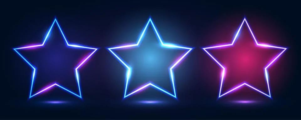 A set of three neon frames in the shape of a star with shining effects and Stock Illustration