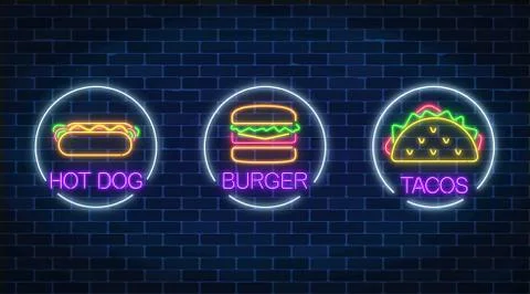Set of three neon glowing signs of burger, hot dog and tacos in circle frames Stock Illustration
