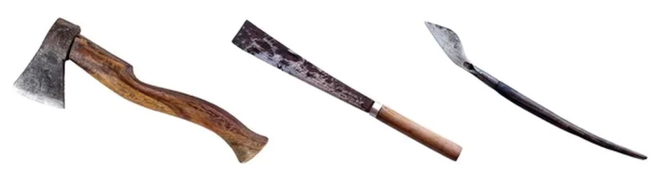 Set of three old tools including axe, knife, and saw Stock Photos
