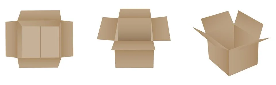Set of three open brown cardboard boxes vector illustration isolated Stock Illustration