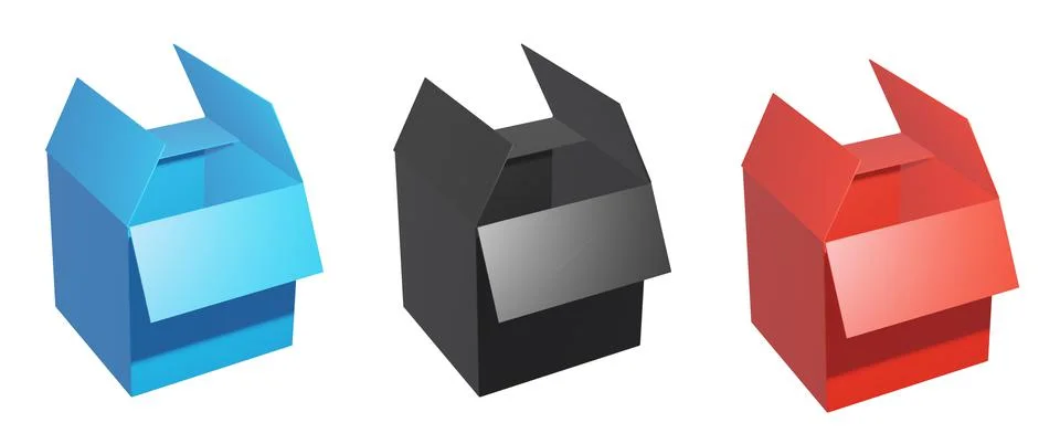 A set of three open color boxes. isolated white background. 3d render Illustrazione stock