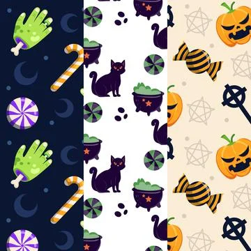 Set of three patterns with cat and other halloween elements Stock Illustration