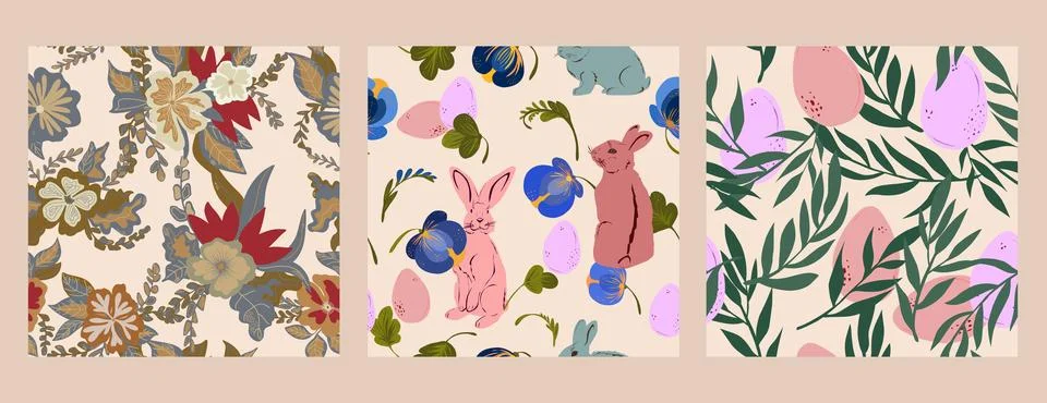 Set of three patterns, Easter motifs. Rabbits, flowers and eggs vector seamle Illustrazione stock