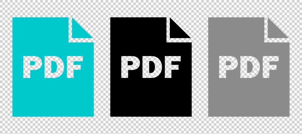 Set of three PDF document file icons in different colors for digital interface. Illustration