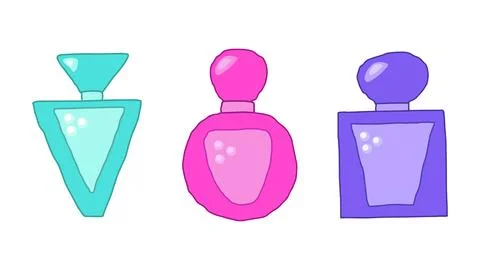 Set of three perfume bottles in the style of cartoon and doodle. Stock Illustration