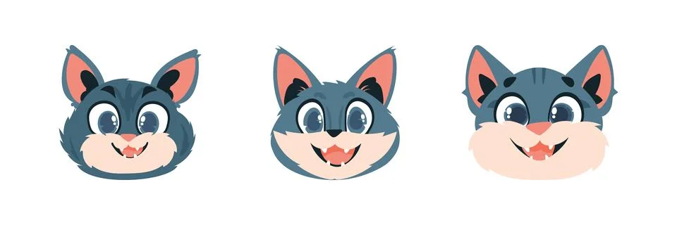Set of three pieces entertaining faces of cats. Cartoon style, Vector Illustr Stock Illustration