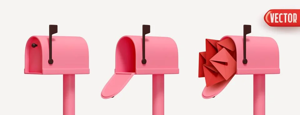 Set of three pink mailboxes realistic 3d design, open box, closed and with ma Stock Illustration