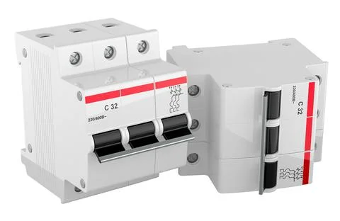 Set of three-pole miniature circuit breakers. 3D rendering Stock Illustration