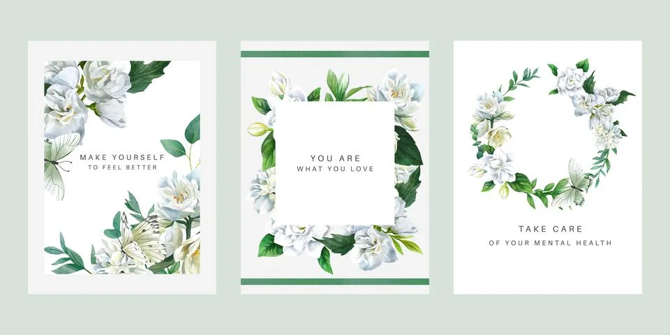 Set of three premade cards with white flowers Stock Illustration